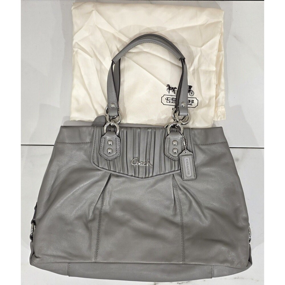 Coach Ashley Gray Pleated Leather Satchel Carryall Shoulder Bag Quiet Luxury
